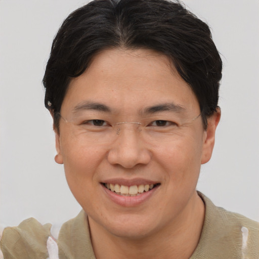 Joyful asian adult male with short  brown hair and brown eyes
