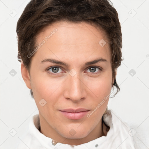 Joyful white young-adult female with short  brown hair and brown eyes