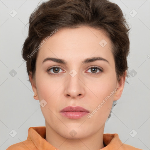 Neutral white young-adult female with short  brown hair and brown eyes