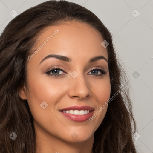 Joyful white young-adult female with long  brown hair and brown eyes