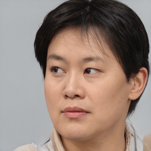 Neutral asian young-adult female with medium  brown hair and brown eyes