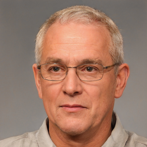 Neutral white middle-aged male with short  gray hair and brown eyes