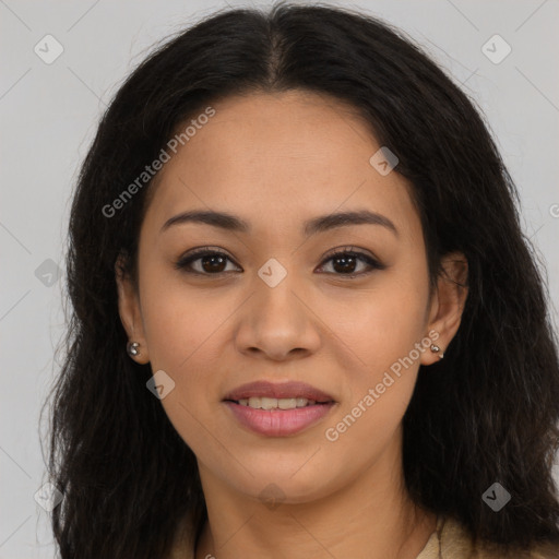 Joyful latino young-adult female with long  brown hair and brown eyes