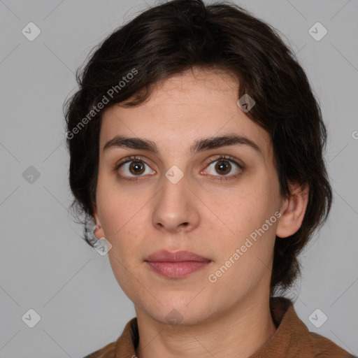 Neutral white young-adult female with medium  brown hair and brown eyes