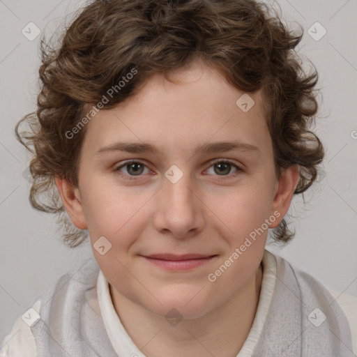 Joyful white child female with medium  brown hair and brown eyes