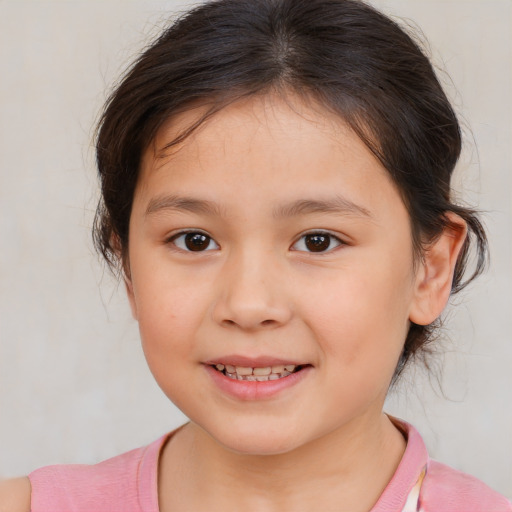 Joyful white child female with medium  brown hair and brown eyes