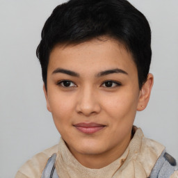 Joyful asian young-adult female with short  black hair and brown eyes