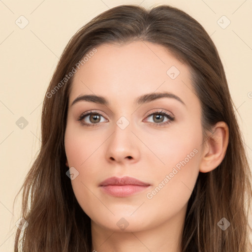 Neutral white young-adult female with long  brown hair and brown eyes