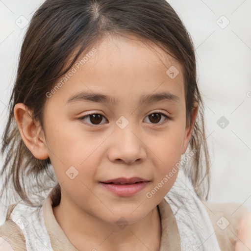 Joyful white child female with medium  brown hair and brown eyes