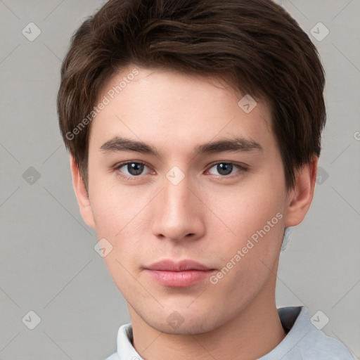 Neutral white young-adult male with short  brown hair and brown eyes