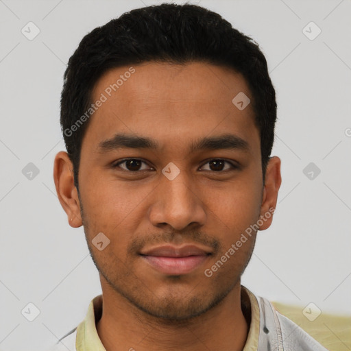 Neutral latino young-adult male with short  black hair and brown eyes