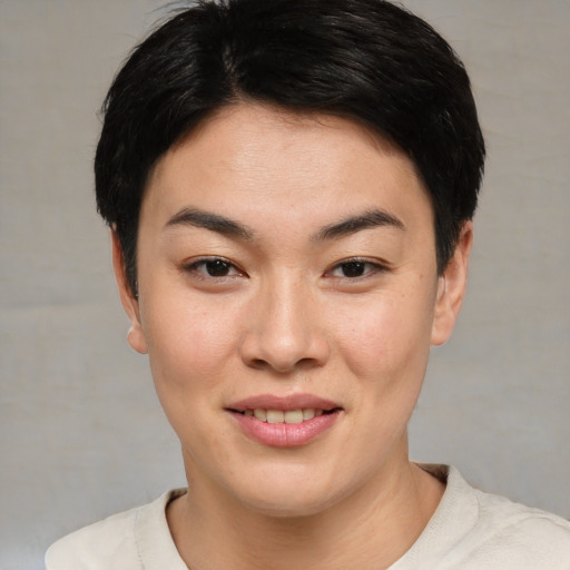 Joyful asian young-adult female with short  black hair and brown eyes