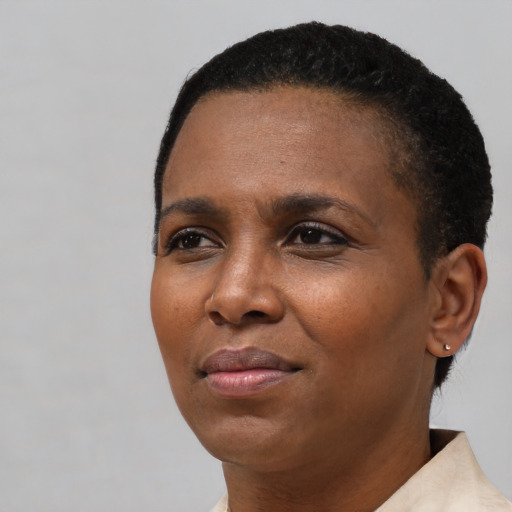 Joyful black young-adult female with short  black hair and brown eyes