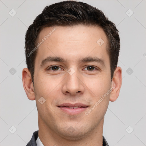 Joyful white young-adult male with short  brown hair and brown eyes