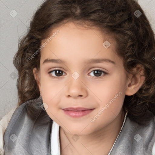 Joyful white child female with medium  brown hair and brown eyes