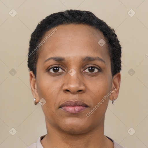 Neutral black young-adult female with short  black hair and brown eyes