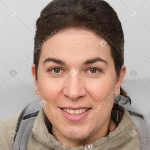 Joyful white young-adult female with short  brown hair and brown eyes