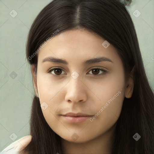 Neutral white young-adult female with long  brown hair and brown eyes