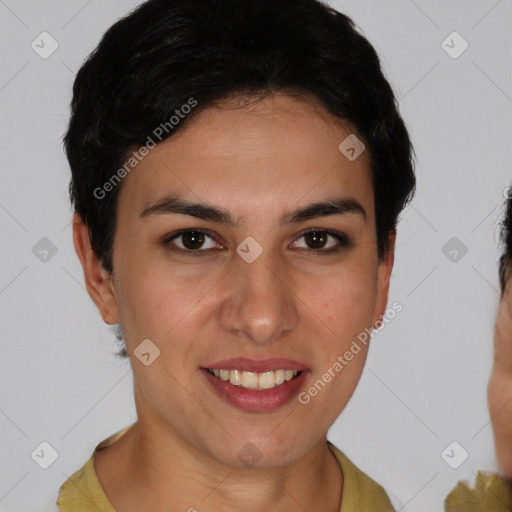 Joyful white young-adult female with short  brown hair and brown eyes