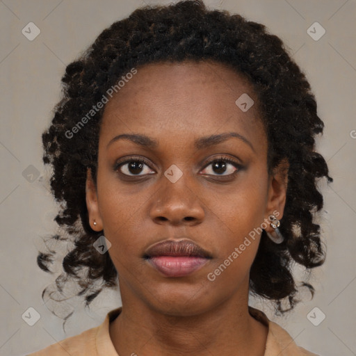 Neutral black young-adult female with medium  brown hair and brown eyes