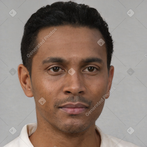 Neutral black young-adult male with short  brown hair and brown eyes