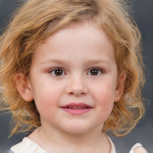 Joyful white child female with medium  brown hair and grey eyes