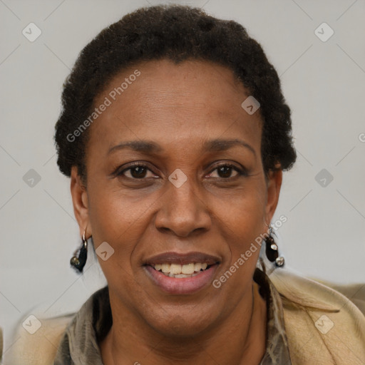 Joyful black adult female with short  brown hair and brown eyes