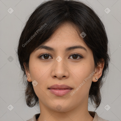 Neutral white young-adult female with medium  brown hair and brown eyes