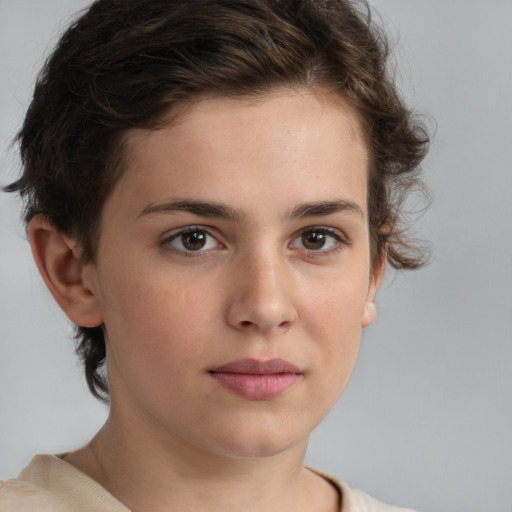 Neutral white young-adult female with short  brown hair and brown eyes