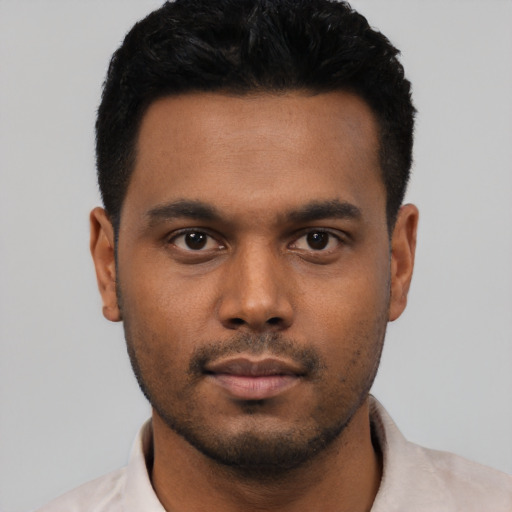 Neutral latino young-adult male with short  black hair and brown eyes