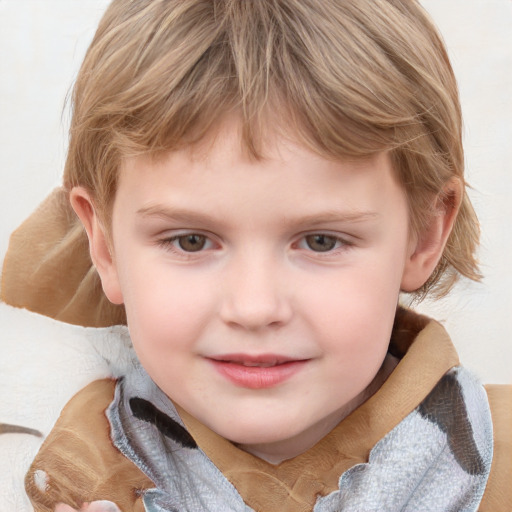 Joyful white child female with medium  brown hair and blue eyes