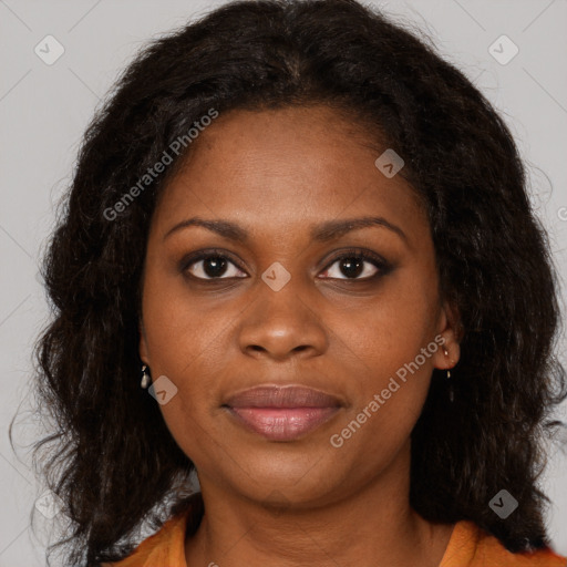 Joyful black young-adult female with medium  brown hair and brown eyes