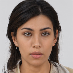 Neutral asian young-adult female with medium  brown hair and brown eyes