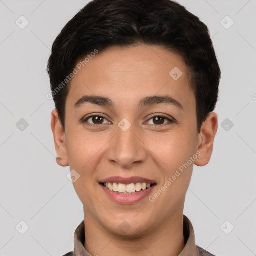 Joyful white young-adult female with short  brown hair and brown eyes