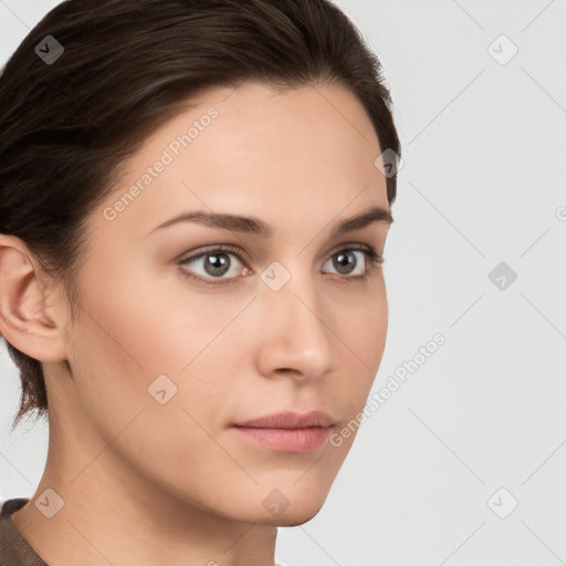 Neutral white young-adult female with short  brown hair and brown eyes