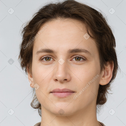 Neutral white young-adult female with medium  brown hair and brown eyes