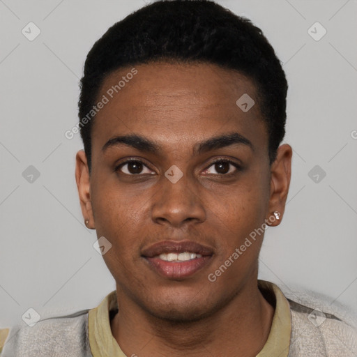 Neutral black young-adult male with short  black hair and brown eyes