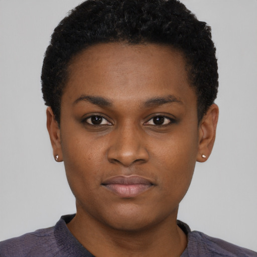 Neutral black young-adult female with short  brown hair and brown eyes