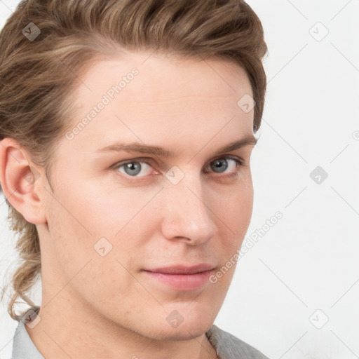 Neutral white young-adult male with short  brown hair and grey eyes