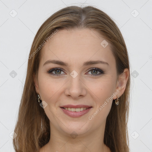 Joyful white young-adult female with long  brown hair and grey eyes