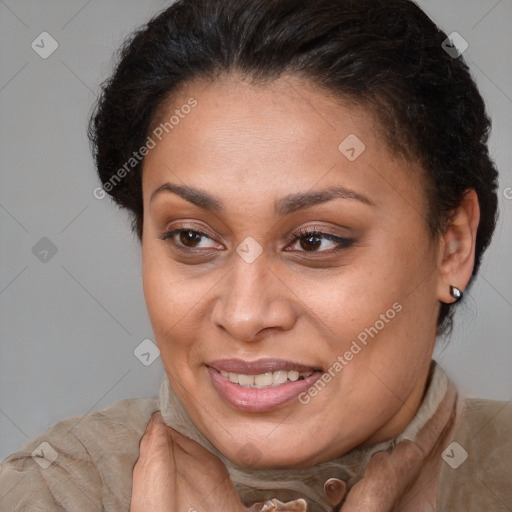 Joyful white adult female with short  brown hair and brown eyes