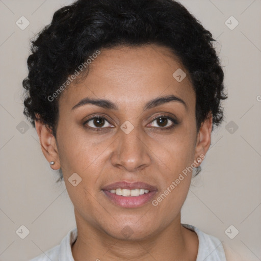 Joyful latino young-adult female with short  brown hair and brown eyes