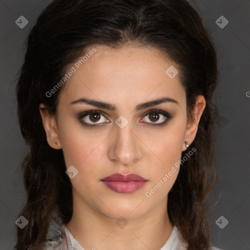 Neutral white young-adult female with medium  brown hair and brown eyes