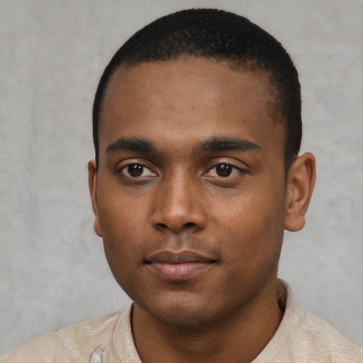 Neutral black young-adult male with short  black hair and brown eyes