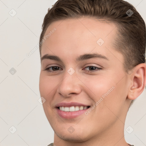 Joyful white young-adult female with short  brown hair and brown eyes