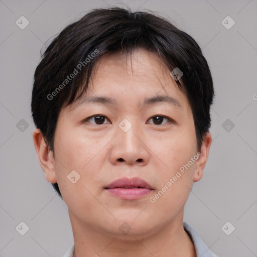 Neutral asian young-adult male with short  brown hair and brown eyes