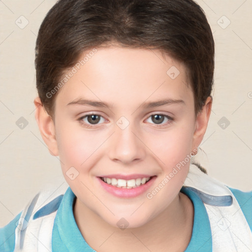 Joyful white child female with short  brown hair and brown eyes