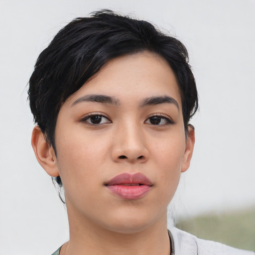 Neutral asian young-adult female with short  black hair and brown eyes