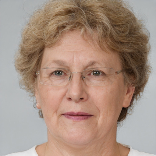 Joyful white middle-aged female with short  brown hair and brown eyes