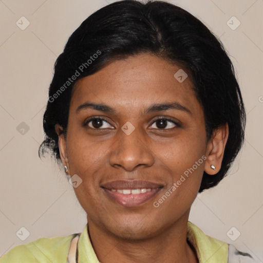 Joyful latino young-adult female with medium  black hair and brown eyes